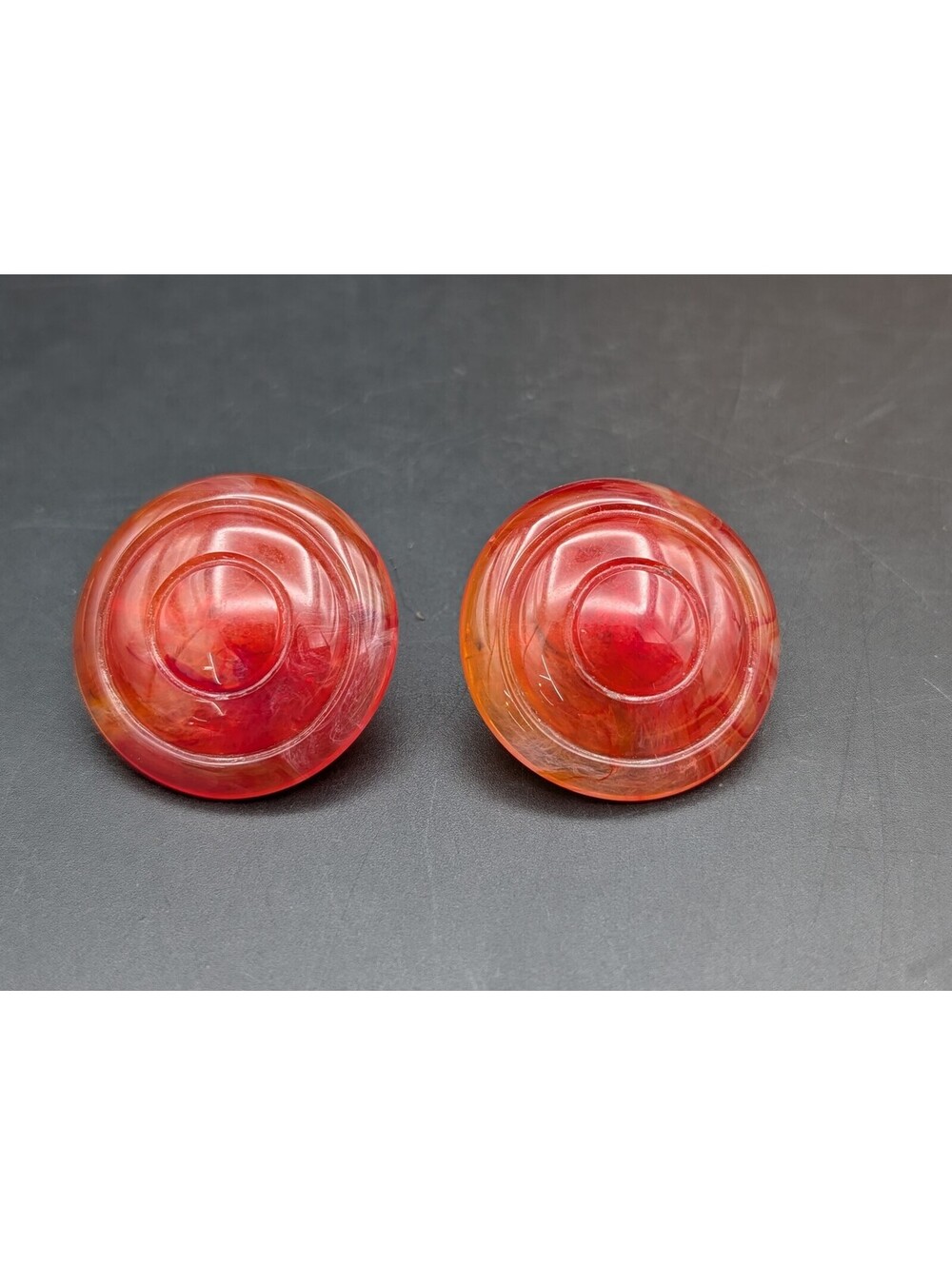 Vintage Clip On Earrings Red Lucite Swirl Disc Statement Concentric Ring Buttons